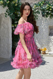 Mooie A Line Off the Shoulder Fuchsia Tule Korte Homecoming Jurk met Korte Mouwen