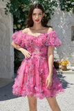 Mooie A Line Off the Shoulder Fuchsia Tule Korte Homecoming Jurk met Korte Mouwen