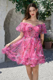 Mooie A Line Off the Shoulder Fuchsia Tule Korte Homecoming Jurk met Korte Mouwen