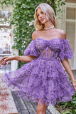 Prachtige A Line Off the Shoulder Groene Tule Korte Homecoming Jurk met Korte Mouwen
