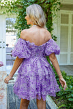Mooie A Line Off the Shoulder Fuchsia Tule Korte Homecoming Jurk met Korte Mouwen