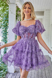 Prachtige A Line Off the Shoulder Groene Tule Korte Homecoming Jurk met Korte Mouwen