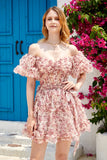 Mooie A Line Off the Shoulder Fuchsia Tule Korte Homecoming Jurk met Korte Mouwen