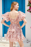 Mooie A Line Off the Shoulder Fuchsia Tule Korte Homecoming Jurk met Korte Mouwen