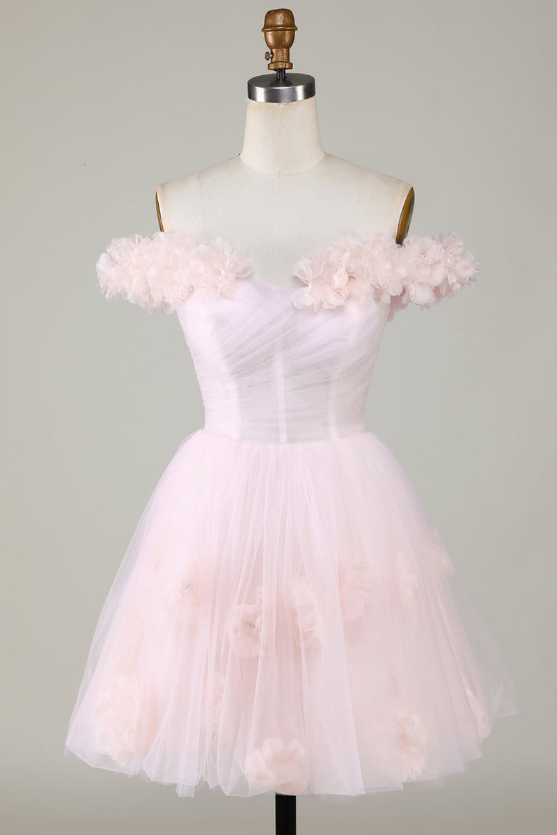 Afbeelding in Gallery-weergave laden, Leuke een lijn van de schouder roze korte homecoming jurk met bloemen