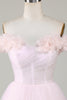Afbeelding in Gallery-weergave laden, Leuke een lijn van de schouder roze korte homecoming jurk met bloemen