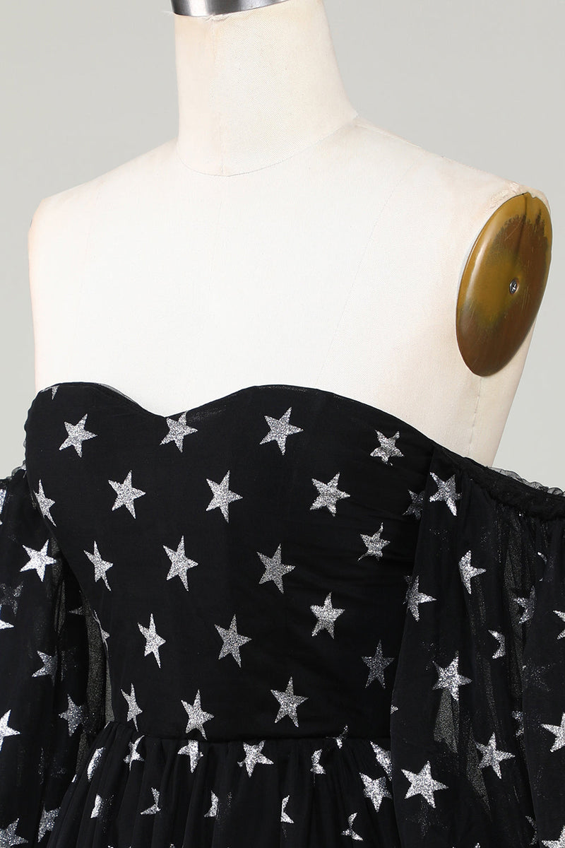 Afbeelding in Gallery-weergave laden, Een lijn van de schouder Black Stars Short Homecoming Dress