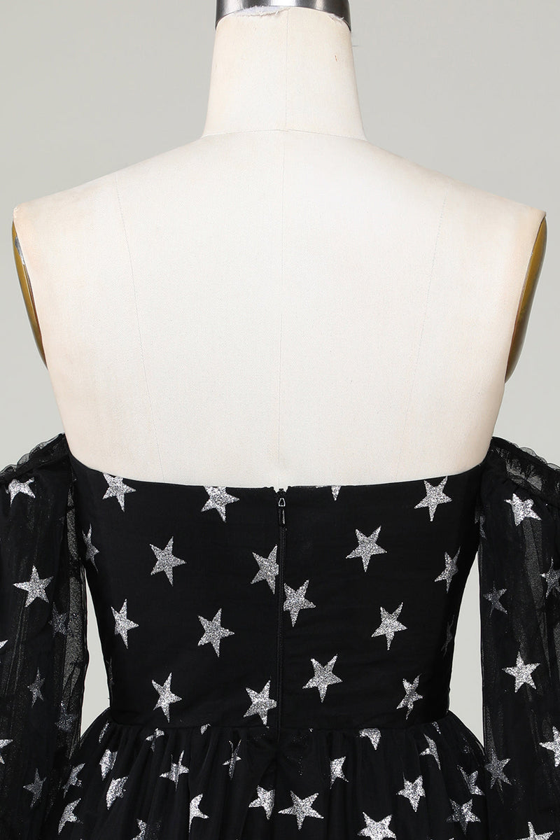 Afbeelding in Gallery-weergave laden, Een lijn van de schouder Black Stars Short Homecoming Dress