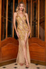 Afbeelding in Gallery-weergave laden, Prachtige zeemeermin spaghettibandjes gouden lange galajurk met gespleten voorkant