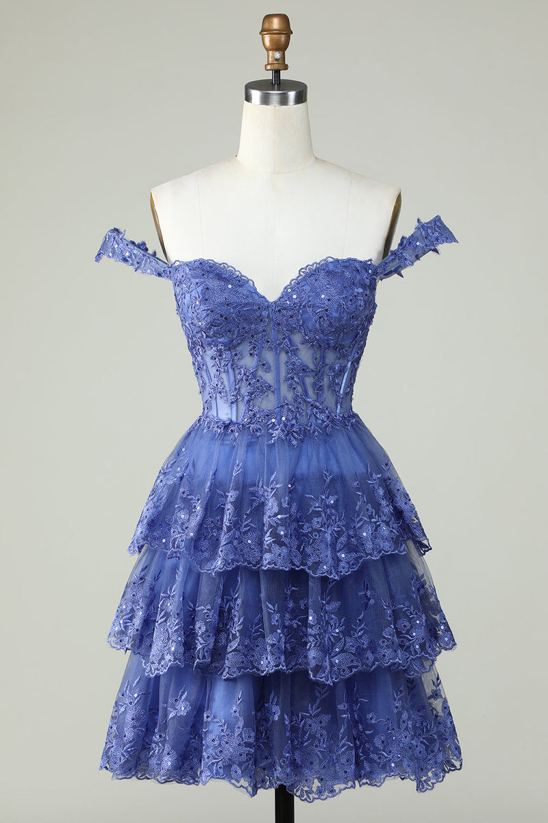 Afbeelding in Gallery-weergave laden, Leuke A Line donkerblauw korset gelaagd korte homecoming jurk met kant