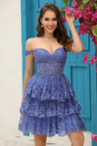 Leuke A Line Zwarte Corset Gelaagde Korte Homecoming Jurk met Kant