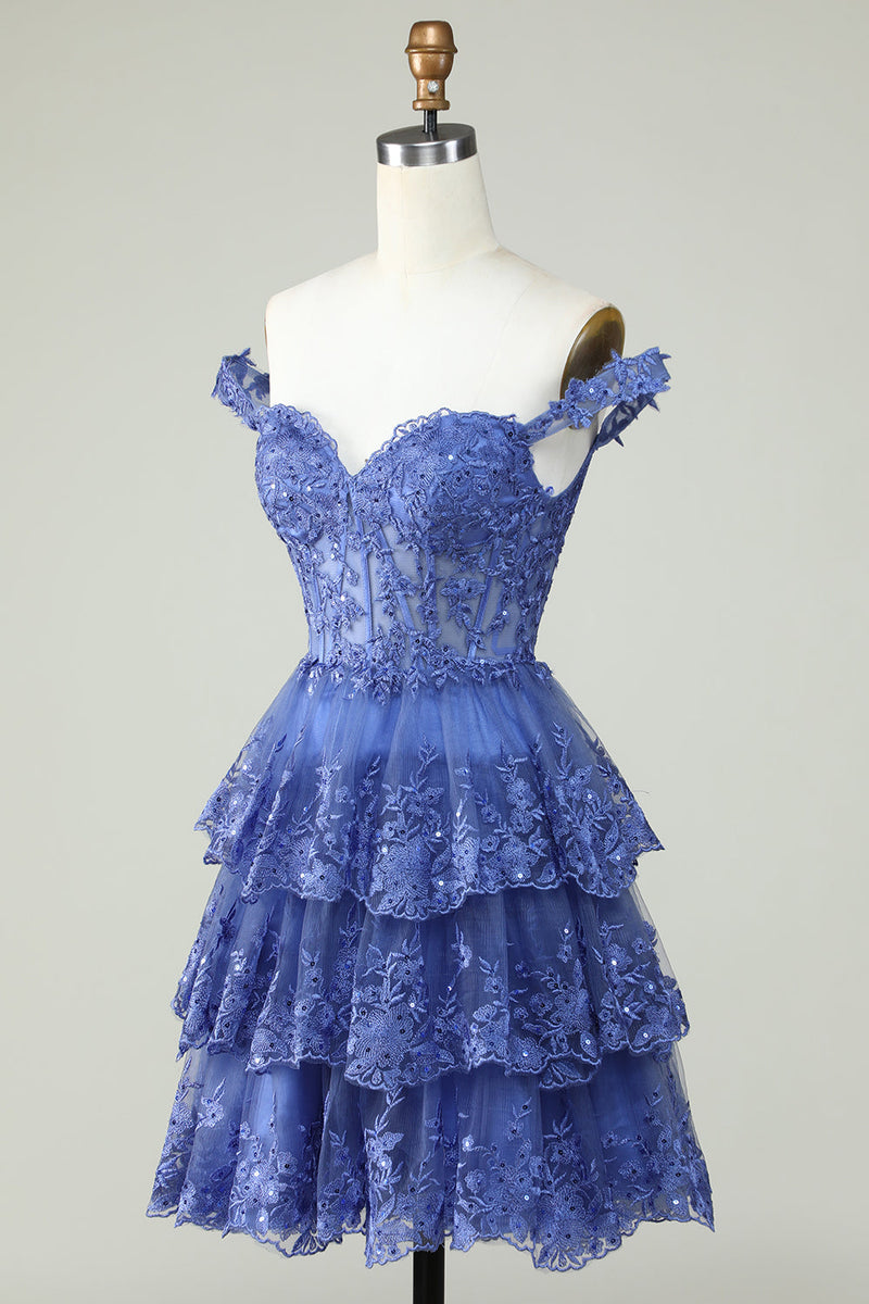 Afbeelding in Gallery-weergave laden, Leuke A Line donkerblauw korset gelaagd korte homecoming jurk met kant