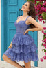 Afbeelding in Gallery-weergave laden, Sprankelend donkerblauw korset gelaagd korte homecoming jurk met kant