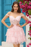 Leuke A Line Zwarte Corset Gelaagde Korte Homecoming Jurk met Kant