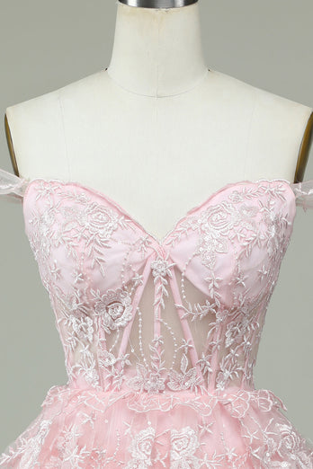 Leuke A lijn van de schouder roze korset homecoming jurk met kant