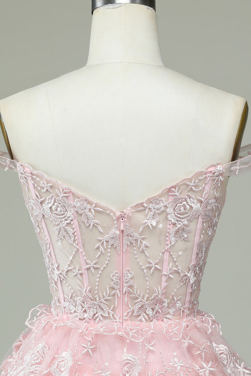 Afbeelding in Gallery-weergave laden, Leuke A lijn van de schouder roze korset homecoming jurk met kant
