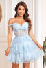 Afbeelding in Gallery-weergave laden, A lijn off the shoulder blauw korset homecoming jurk met kant