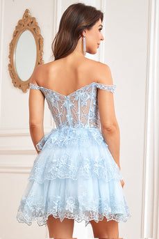 A lijn off the shoulder blauw korset homecoming jurk met kant