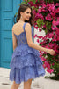 Afbeelding in Gallery-weergave laden, A lijn off the shoulder blauw korset homecoming jurk met kant