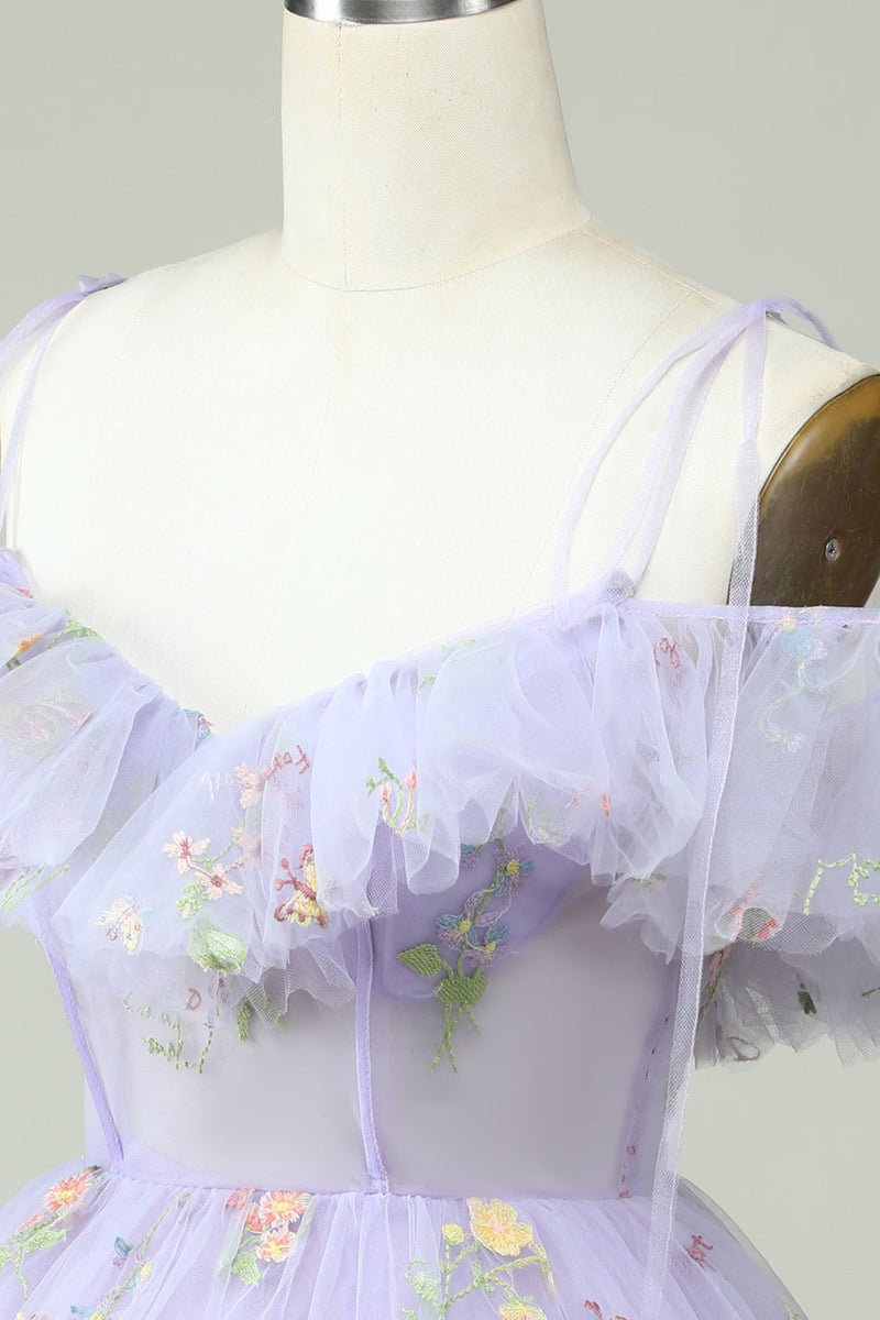 Afbeelding in Gallery-weergave laden, Lavendel Off the Shoulder Corset Homecoming Jurk met Ruches