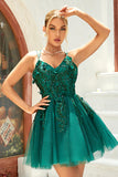 A Line Spaghetti Straps Donkergroen Korte Homecoming Jurk met Appliques Kralen