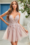 A Line Spaghetti Straps Blush Korte Homecoming Jurk met Criss Cross Back