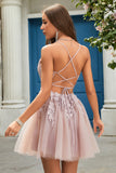 A Line Spaghetti Straps Blush Korte Homecoming Jurk met Criss Cross Back