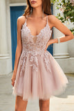 A Line Spaghetti Straps Blush Korte Homecoming Jurk met Criss Cross Back