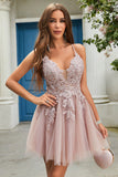 A Line Spaghetti Straps Blush Korte Homecoming Jurk met Criss Cross Back