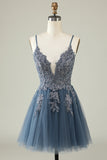 A Line Spaghetti Bandjes Donkergroen Korte Homecoming Jurk met Appliques