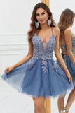 A Line Spaghetti Straps Blush Korte Homecoming Jurk met Criss Cross Back