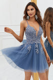 A Line Spaghetti Straps Blush Korte Homecoming Jurk met Criss Cross Back