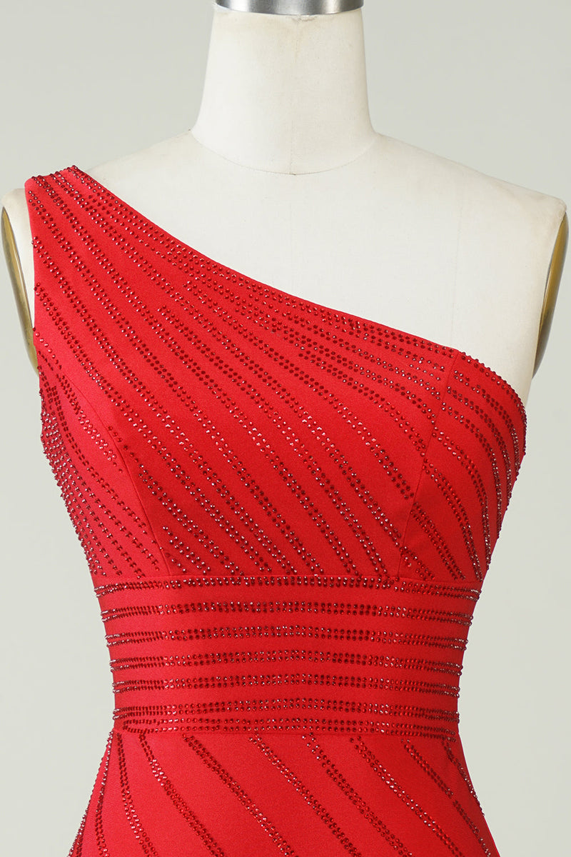 Afbeelding in Gallery-weergave laden, Sprankelende een schouder rode korte homecoming jurk met kralen