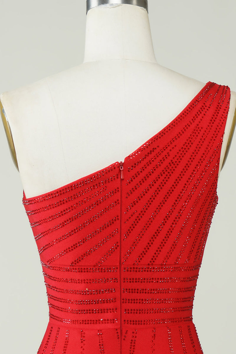 Afbeelding in Gallery-weergave laden, Sprankelende een schouder rode korte homecoming jurk met kralen