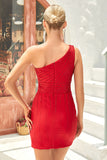 Bodycon Een Schouder Rood Korte Homecoming Jurk met Kralen