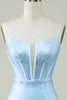 Afbeelding in Gallery-weergave laden, Stijlvolle schede spaghetti riemen blauw korte homecoming jurk met kralen