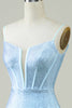 Afbeelding in Gallery-weergave laden, Stijlvolle schede spaghetti riemen blauw korte homecoming jurk met kralen