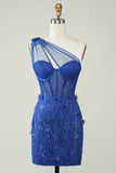 Unieke Schede Een Schouder Royal Blue Korte Homecoming Jurk met Appliques