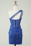 Unieke Schede Een Schouder Royal Blue Korte Homecoming Jurk met Appliques