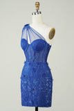 Unieke Schede Een Schouder Royal Blue Korte Homecoming Jurk met Appliques