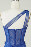 Unieke Schede Een Schouder Royal Blue Korte Homecoming Jurk met Appliques