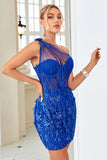 Bodycon One Shoulder Royal Blue Short Homecoming Jurk met Appliques