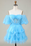 Leuke A lijn Blauwe Tule Off The Shoulder Korte Homecoming Jurk