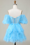 Leuke A lijn Blauwe Tule Off The Shoulder Korte Homecoming Jurk