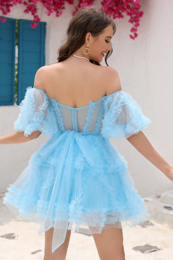 Stijlvolle A Line Off the Shoulder Paarse Tule Corset Homecoming Jurk