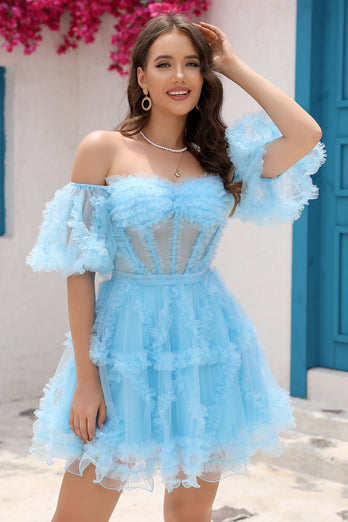 Stijlvolle A Line Off the Shoulder Paarse Tule Corset Homecoming Jurk