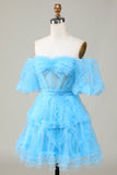 Leuke A lijn Blauwe Tule Off The Shoulder Korte Homecoming Jurk