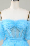 Leuke A lijn Blauwe Tule Off The Shoulder Korte Homecoming Jurk