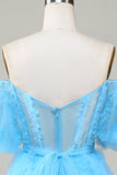 Leuke A lijn Blauwe Tule Off The Shoulder Korte Homecoming Jurk