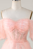 Leuke A lijn Blush Tulle Off The Shoulder Korte Homecoming Jurk